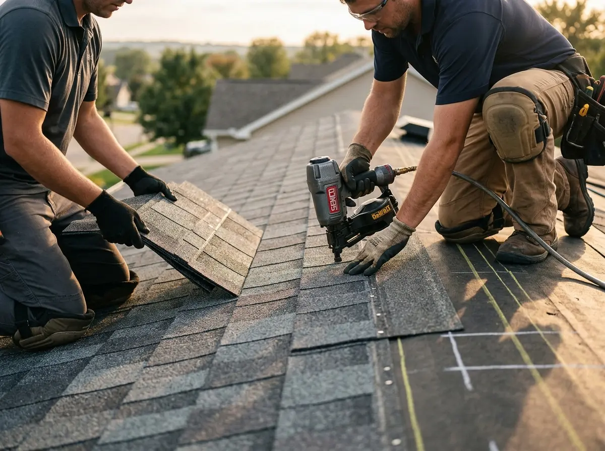 Professional roofer working on a residential roof in Morehead